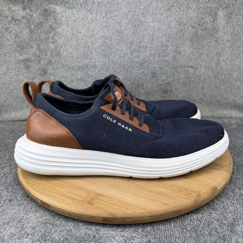 Cole Haan Zero Grand Shoes Mens Size 10.5 Navy Brown Leather Knit Casual Sneaker